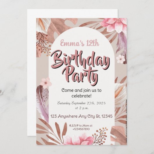 Floral Birthday Uitnodiging (Voorkant / Achterkant)