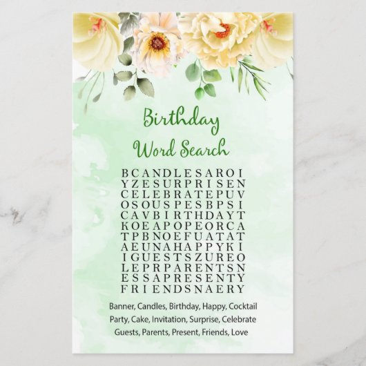 Floral Birthday Word Search Game (Voorkant)