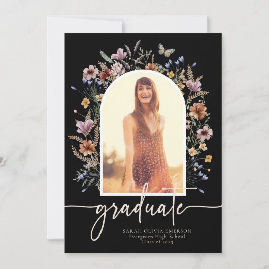 Floral Black Afstuderen Aankondiging (Voorkant)