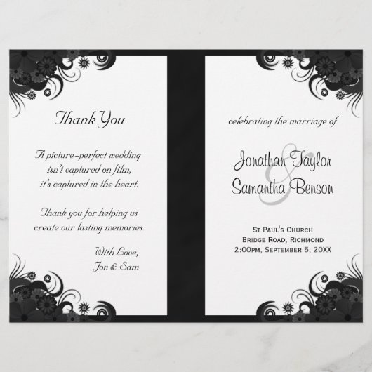 Floral Black and White Gothic Folded Wedding Progr (Voorkant)