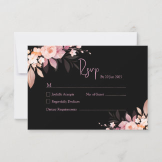 Floral Black & Blush Rose Wedding RSVP Kaartje