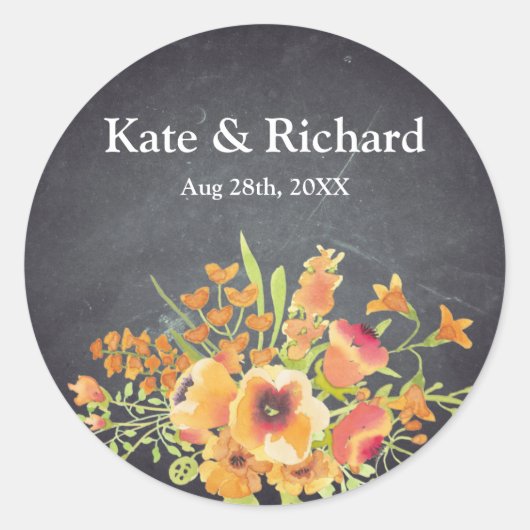  Floral Black Chalkboard Wedding Ronde Sticker (Voorkant)