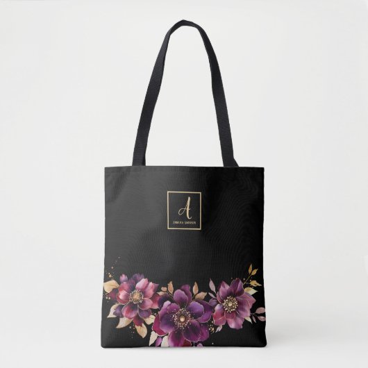 Floral Black Custom Monogram Draagtas (Voorkant)