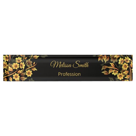 Floral Black en Gold Naambordje (Voorkant)
