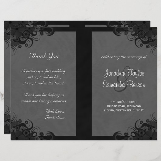 Floral Black en Grey Gothic Folded Wedding Program (Voorkant / Achterkant)