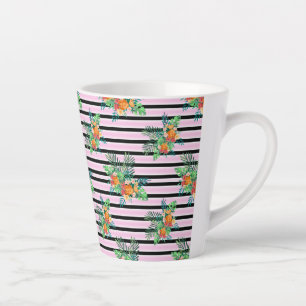 Floral Black en roze strepen Latte Mok