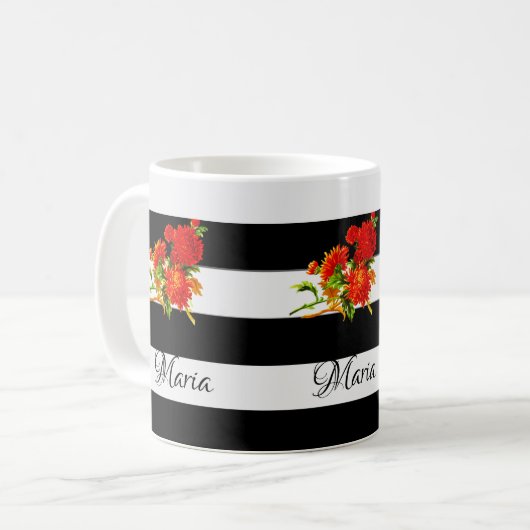 Floral Black en White Stripe Mok (Voorkant links)