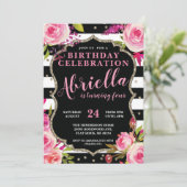 Floral Black en White Stripes Invitation Kaart (Staand voorkant)