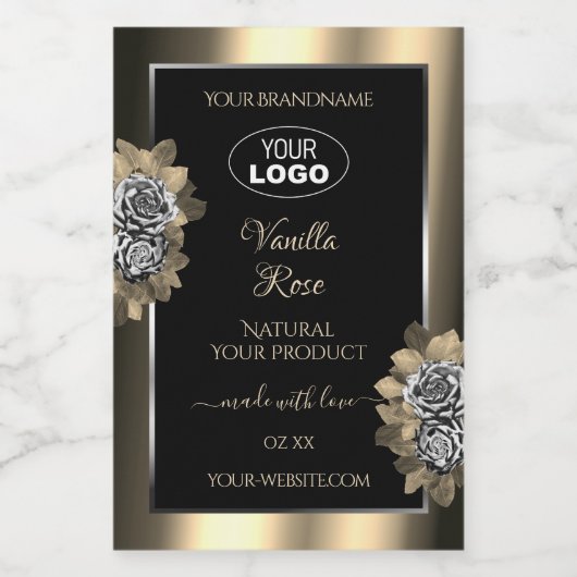 Floral Black Gold Argent Étiquette Logo Rose (Étiquettes simples)