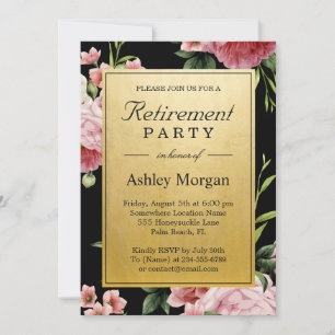 Floral Black Gold Classy Retirement Party Kaart