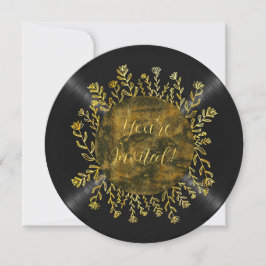 Floral Black Gold Vinyl Record Dj Birthday Party Kaart