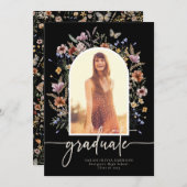 Floral Black Graduate Faire-part (Devant / Derrière)