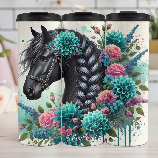 Floral Black Horse Braided Mane Thermosbeker