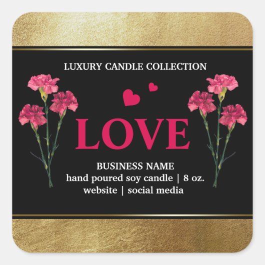 Floral Black Red en Gold Product Label, Love Vierkante Sticker (Voorkant)
