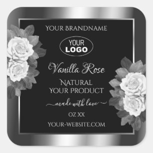 Floral Black Silver Product Label White Roses Logo