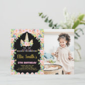 Floral Black Unicorn Anniversaire Invitations avec (Debout devant)
