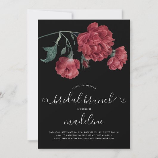 Floral Black Vrijgezellenfeest Brunch Kaart (Voorkant)