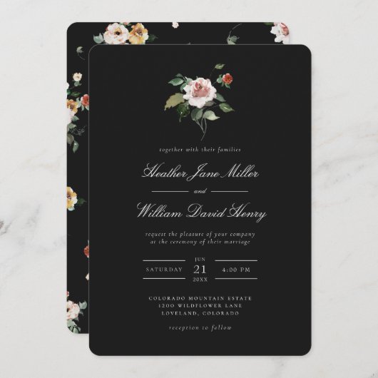 Floral Black Wedding Kaart (Voorkant / Achterkant)