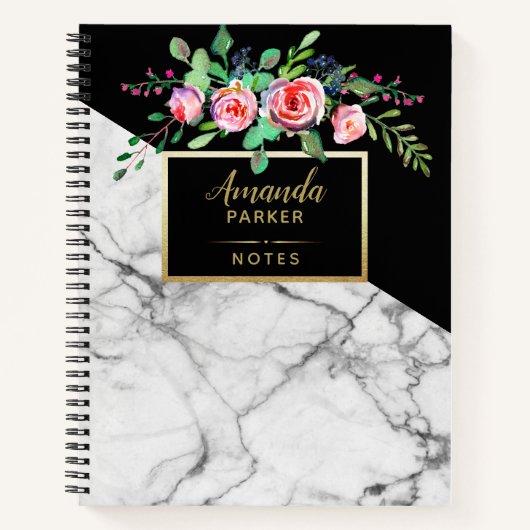 Floral Black White Marble Texture Designer Notes Notitieboek (Voorkant)