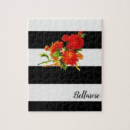 Floral Black White Stripe Jigzaag Puzzle Daisy Legpuzzel (Verticaal)