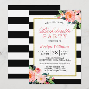 Floral Black White Stripes Gold Bachelorette Party Kaart