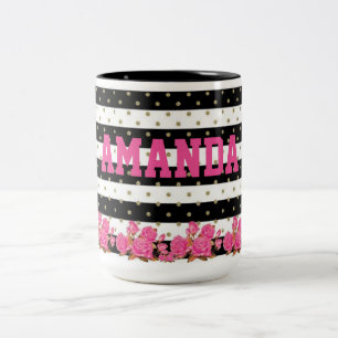 Floral Black & White Stripes met Gold Polka Dots Tweekleurige Koffiemok