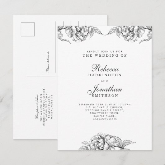 Floral Black White Wedding Invitation Briefkaart (Voorkant / Achterkant)
