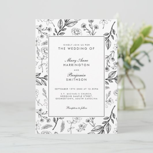 Floral Black White Wedding Kaart (Staand voorkant)