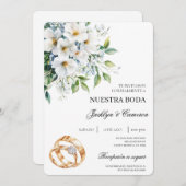 Floral blanc avec anneau Faire-part de mariage esp (Devant / Derrière)