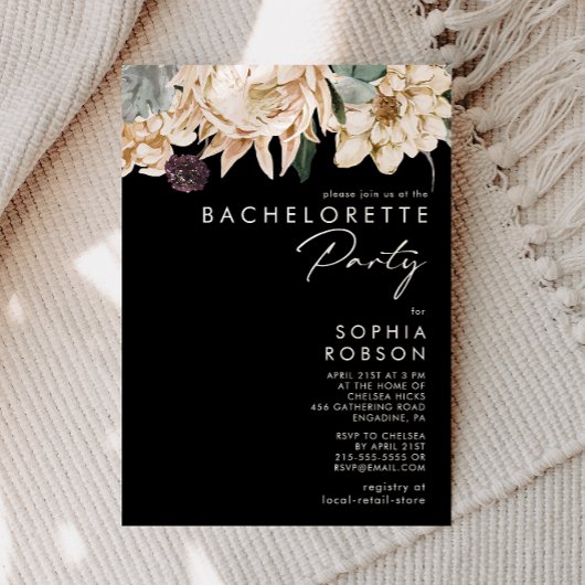 Floral blanc | Black Bachelorette Party Invitation