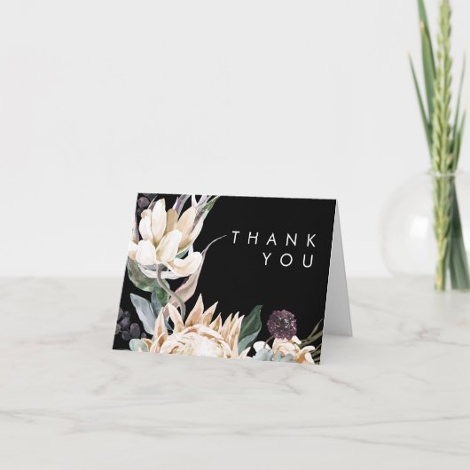 Floral blanc | Carte de remerciements noir (Devant)