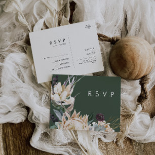 Floral blanc Carte postale RSVP Dark Green Weddi