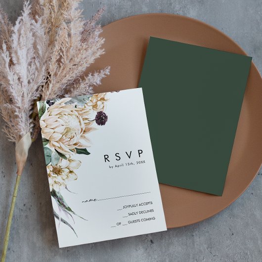 Floral blanc | Carte RSVP Vert foncé