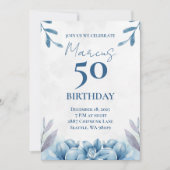 Floral Blanc et bleu 50e anniversaire Invitation (Devant)