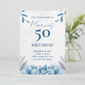 Floral Blanc et bleu 50e anniversaire Invitation (Debout devant)
