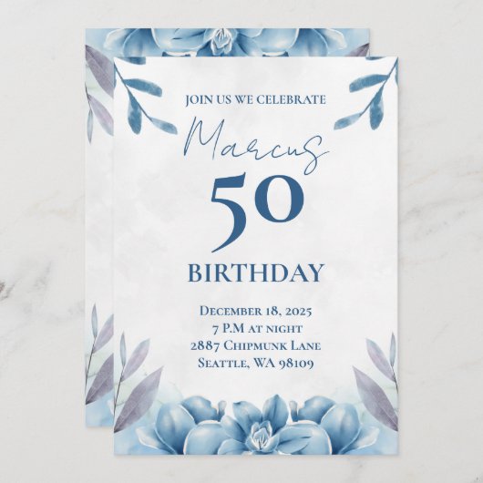 Floral Blanc et bleu 50e anniversaire Invitation (Devant / Derrière)