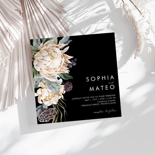 Floral blanc | Faire-part de mariage Carré noir