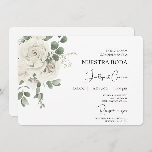 Floral blanc Faire-part de mariage espagnol (Devant / Derrière)