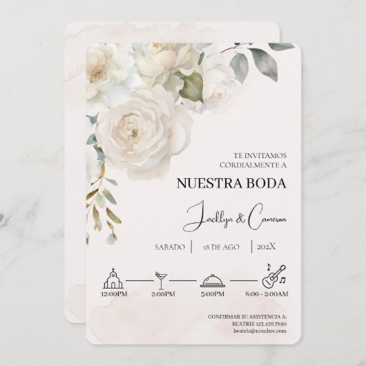 Floral blanc Faire-part de mariage espagnol (Devant / Derrière)