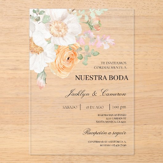 Floral blanc Faire-part de mariage espagnol (Recto)