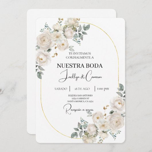 Floral blanc Faire-part de mariage espagnol (Devant / Derrière)