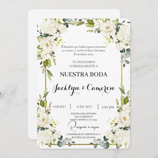 Floral blanc Faire-part de mariage espagnol (Devant / Derrière)