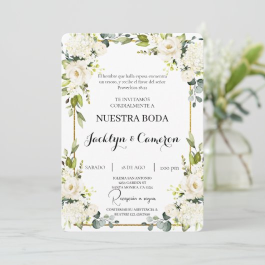 Floral blanc Faire-part de mariage espagnol (Debout devant)