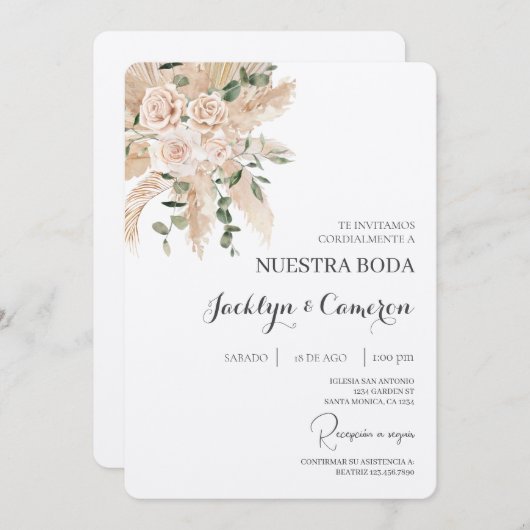 Floral blanc Faire-part de mariage espagnol (Devant / Derrière)