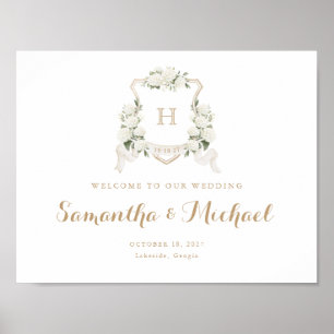 Floral Blanc Hydrangea Crest Monogramme Affiche de