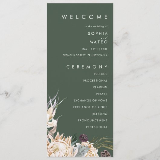 Floral blanc | Programme de mariage vert foncé (Devant)