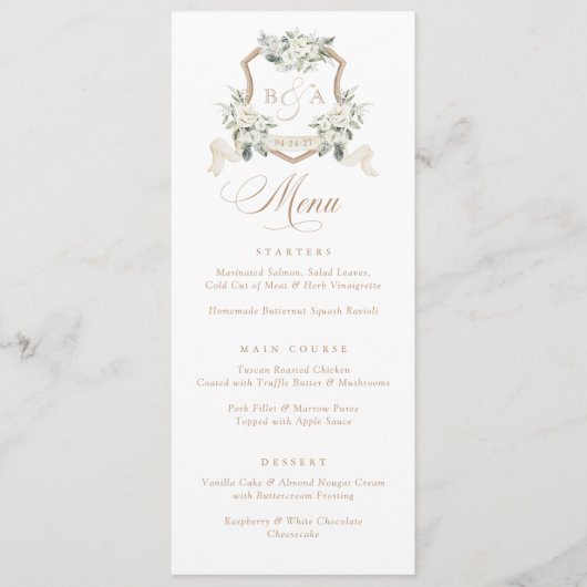 Floral Blanc Sage Vert Crest Mariage Menu (Devant)