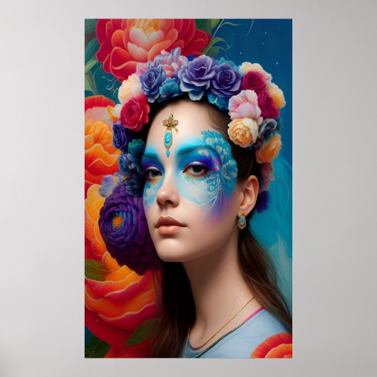 Floral blauw gezichtsopname poster (Voorkant)