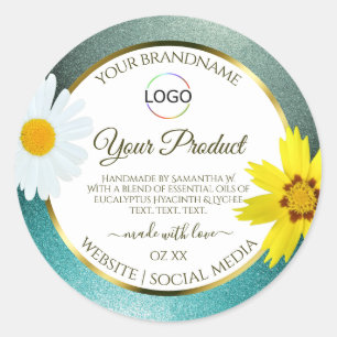 Floral Blauwgroen Blue Glitter White Product Label