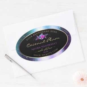 Floral Blauwgroen Paars Glitter Black Product Labe Ovale Sticker